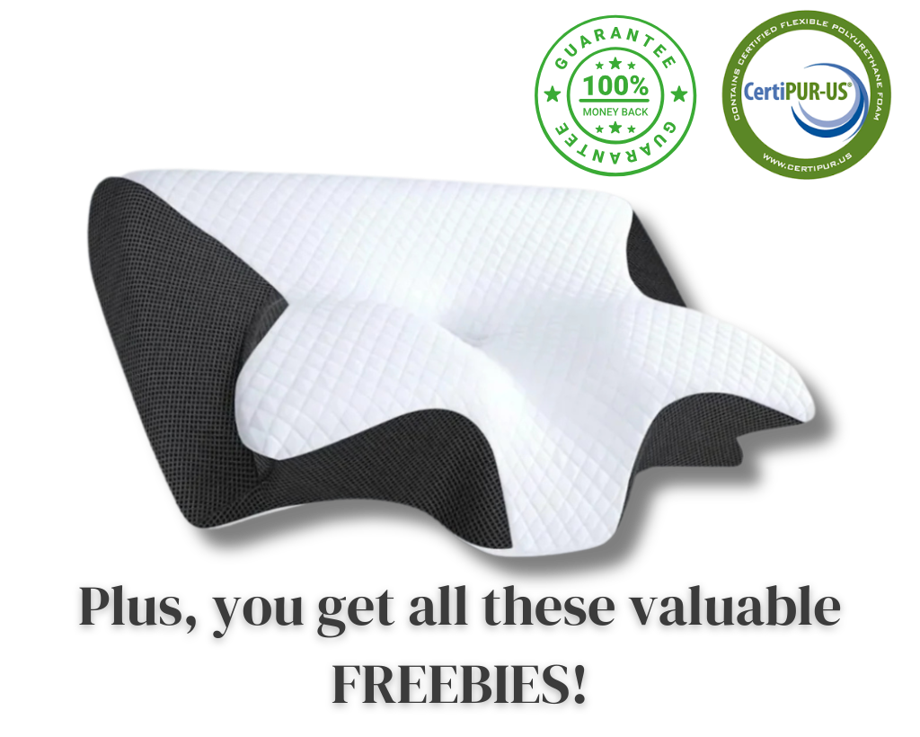 White and black pillow with CertiPUR-US logo and text on a white background