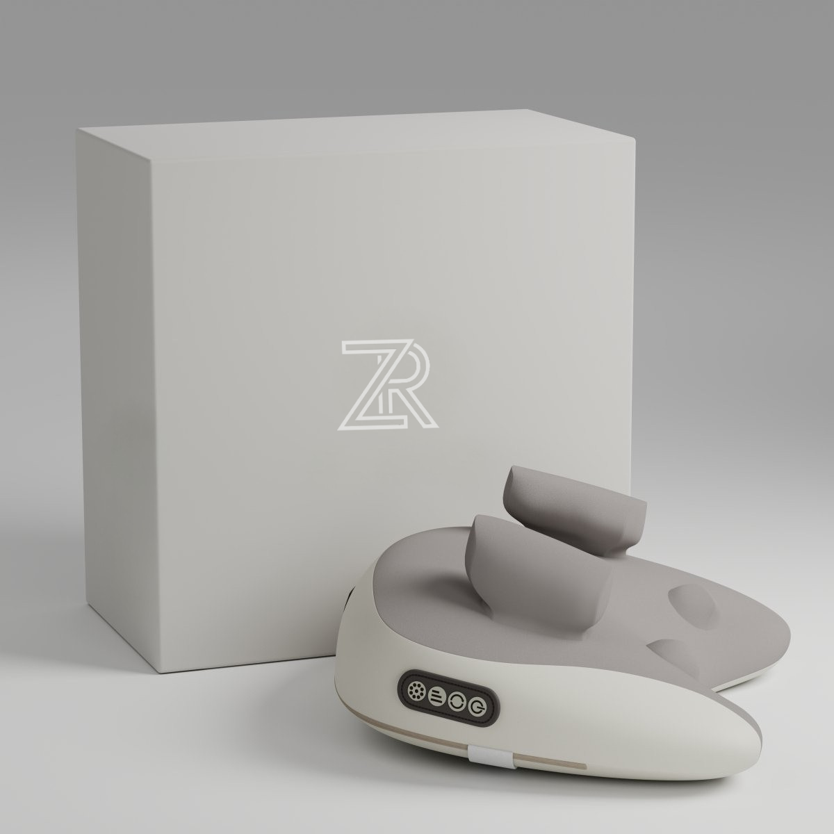 Gray electronic device with control panel and a matching box on a gray background