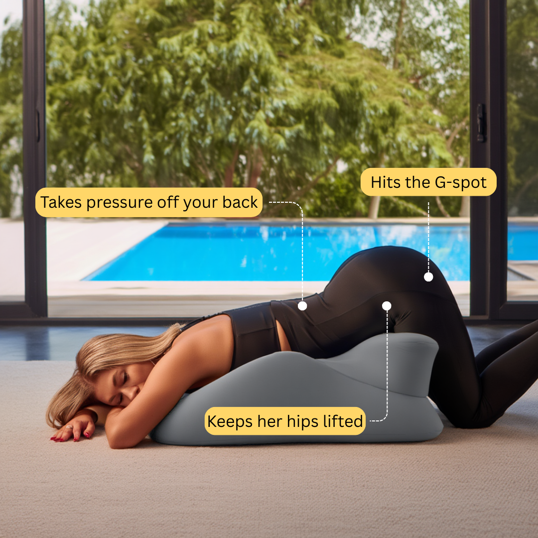 Woman lying on a gray wedge pillow by a poolside with text highlighting its benefits.