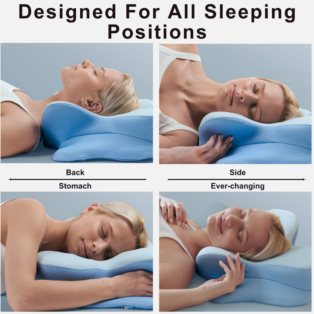 Woman using a blue pillow for back, stomach, side, and ever-changing sleeping positions.