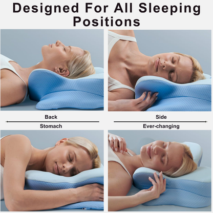 Woman using a blue pillow for back, stomach, side, and ever-changing sleeping positions.