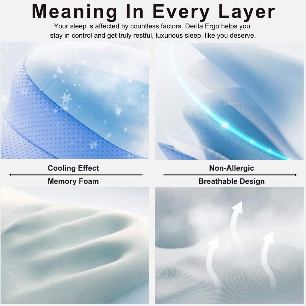 Product advertisement for Denila Ergo mattress topper with text about cooling effect, memory foam, and non-allergic breathable design.