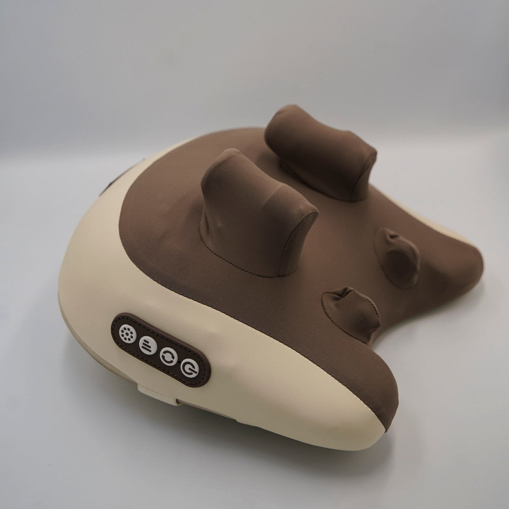 Brown and beige neck pillow with control panel on a white background