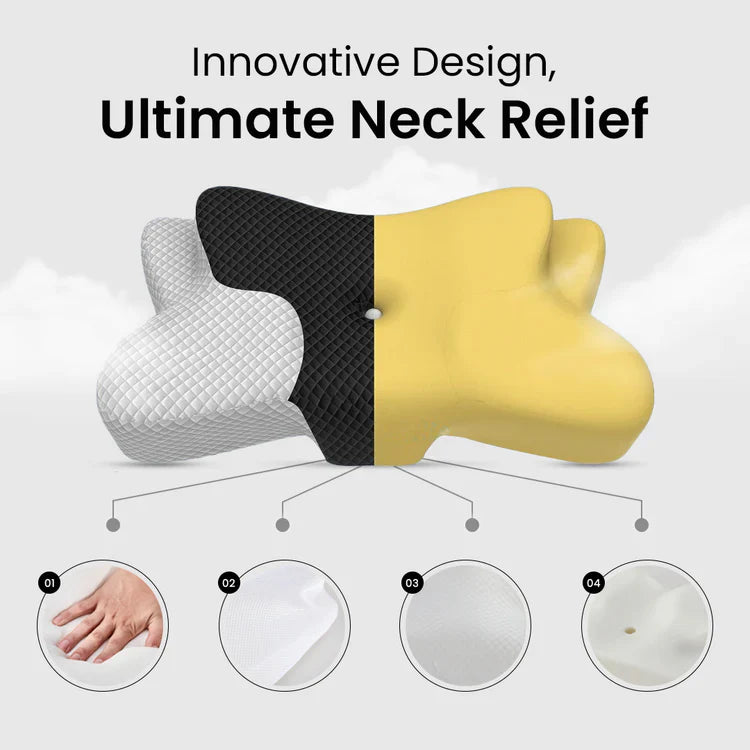 Neck pillow with black and yellow design on a white background, labeled 'Innovative Design, Ultimate Neck Relief'.