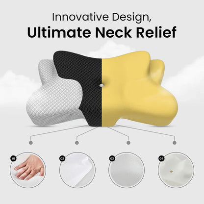 Neck pillow with black and yellow design on a white background, labeled 'Innovative Design, Ultimate Neck Relief'.