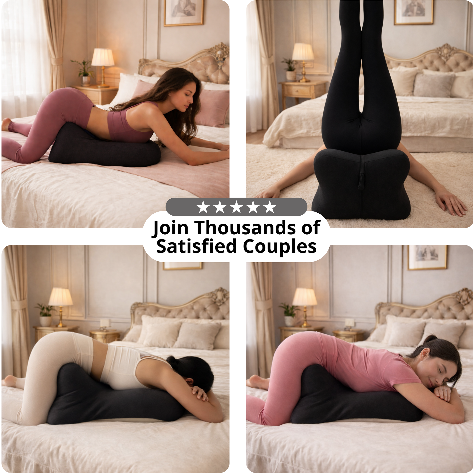 Collage of a woman using a body pillow in a bedroom setting with promotional text.