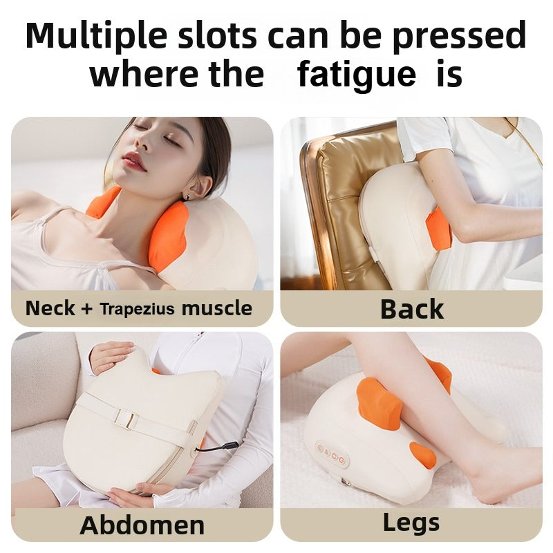 Massage pillow being used on neck, trapezius muscle, back, abdomen, and legs with text indicating multiple slots for different body parts.