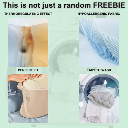 Product features with text highlighting thermoregulating effect, hypoallergenic fabric, perfect fit, and ease of washing.