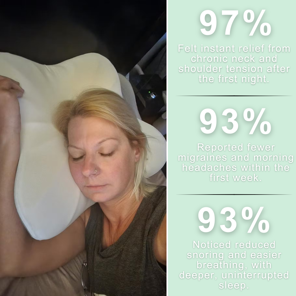 Woman using a pillow with statistics on its benefits on the right.