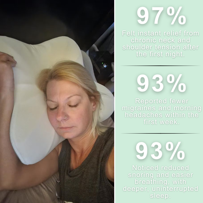 Woman using a pillow with statistics on its benefits on the right.