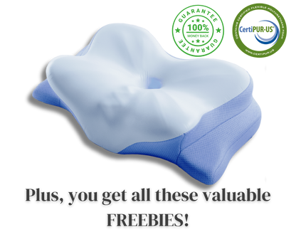 Blue pillow with CertiPUR-US logo on a white background