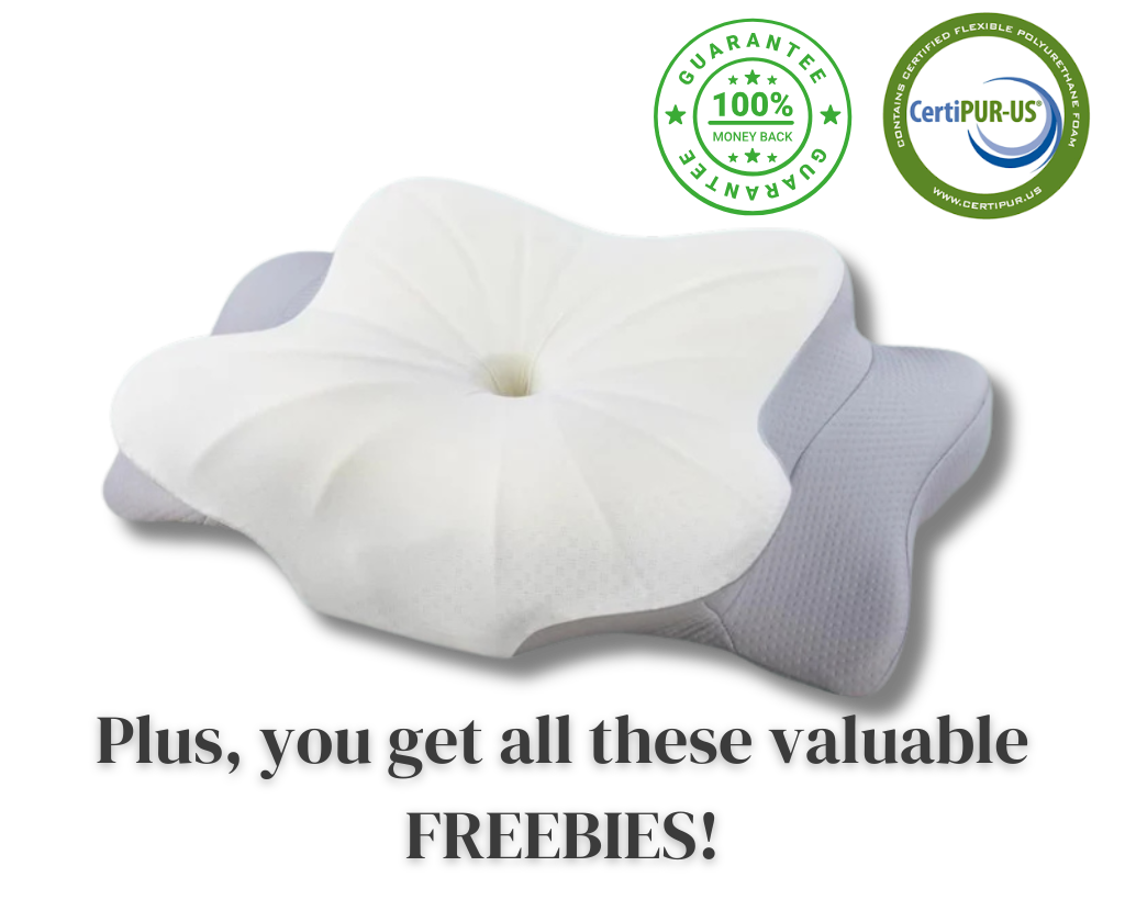 White pillow with gray accents on a white background, featuring CertiPUR-US logo and text about freebies.