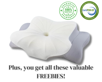 White pillow with gray accents on a white background, featuring CertiPUR-US logo and text about freebies.
