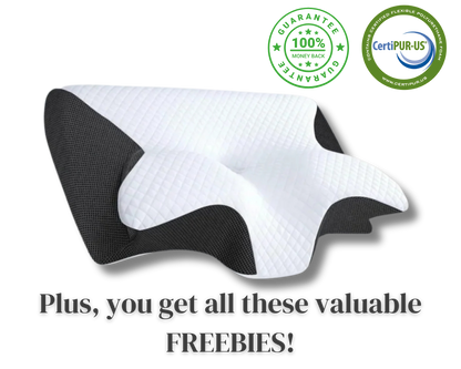 White and black pillow with CertiPUR-US logo and text on a white background