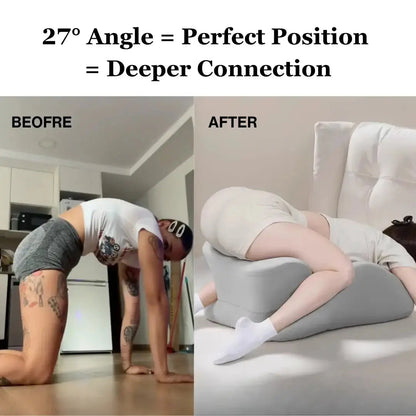 Before and after comparison of a person using a wedge pillow for comfort.