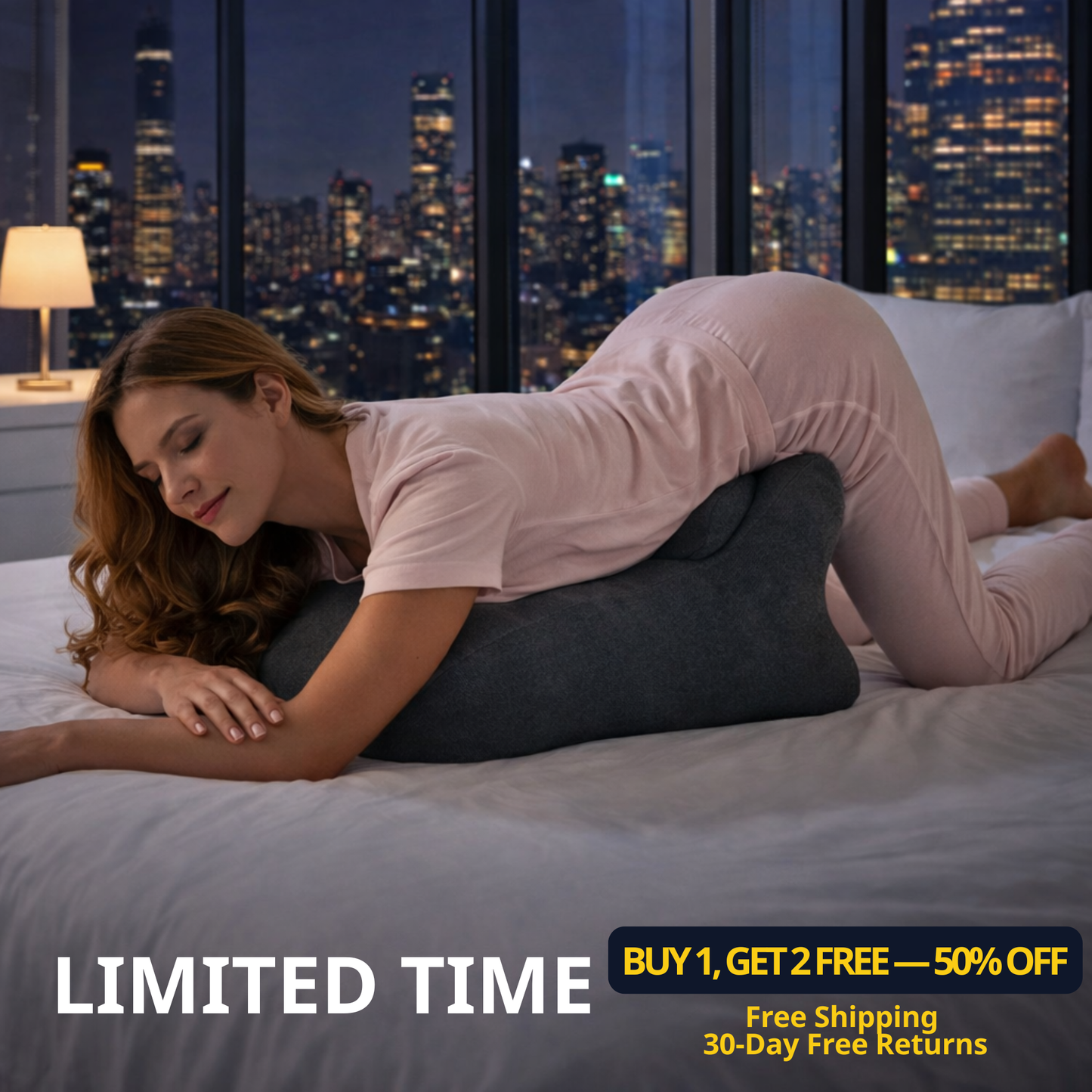 Woman using a wedge pillow in bed with a cityscape view, promotional text overlay.