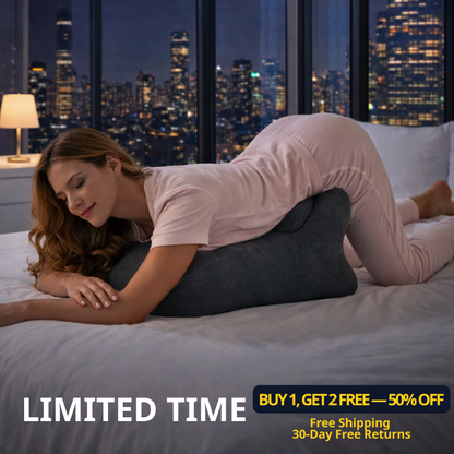 Woman using a wedge pillow in bed with a cityscape view, promotional text overlay.