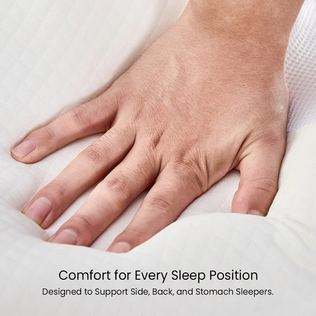 Hand resting on a white pillow with text 'Comfort for Every Sleep Position' and 'Designed to Support Side, Back, and Stomach Sleepers.'.