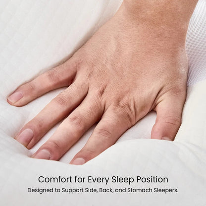 Hand resting on a white pillow with text 'Comfort for Every Sleep Position' and 'Designed to Support Side, Back, and Stomach Sleepers.'.