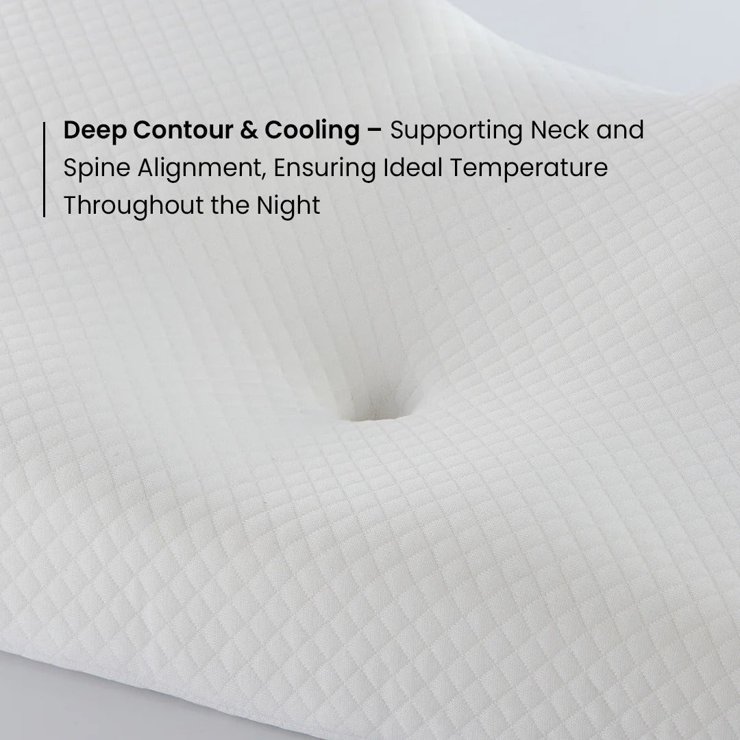 Close-up of a white contour pillow with text highlighting its features.