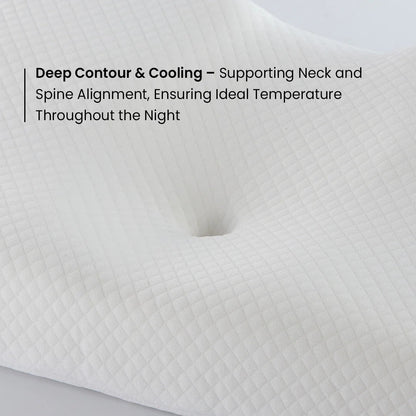 Close-up of a white contour pillow with text highlighting its features.