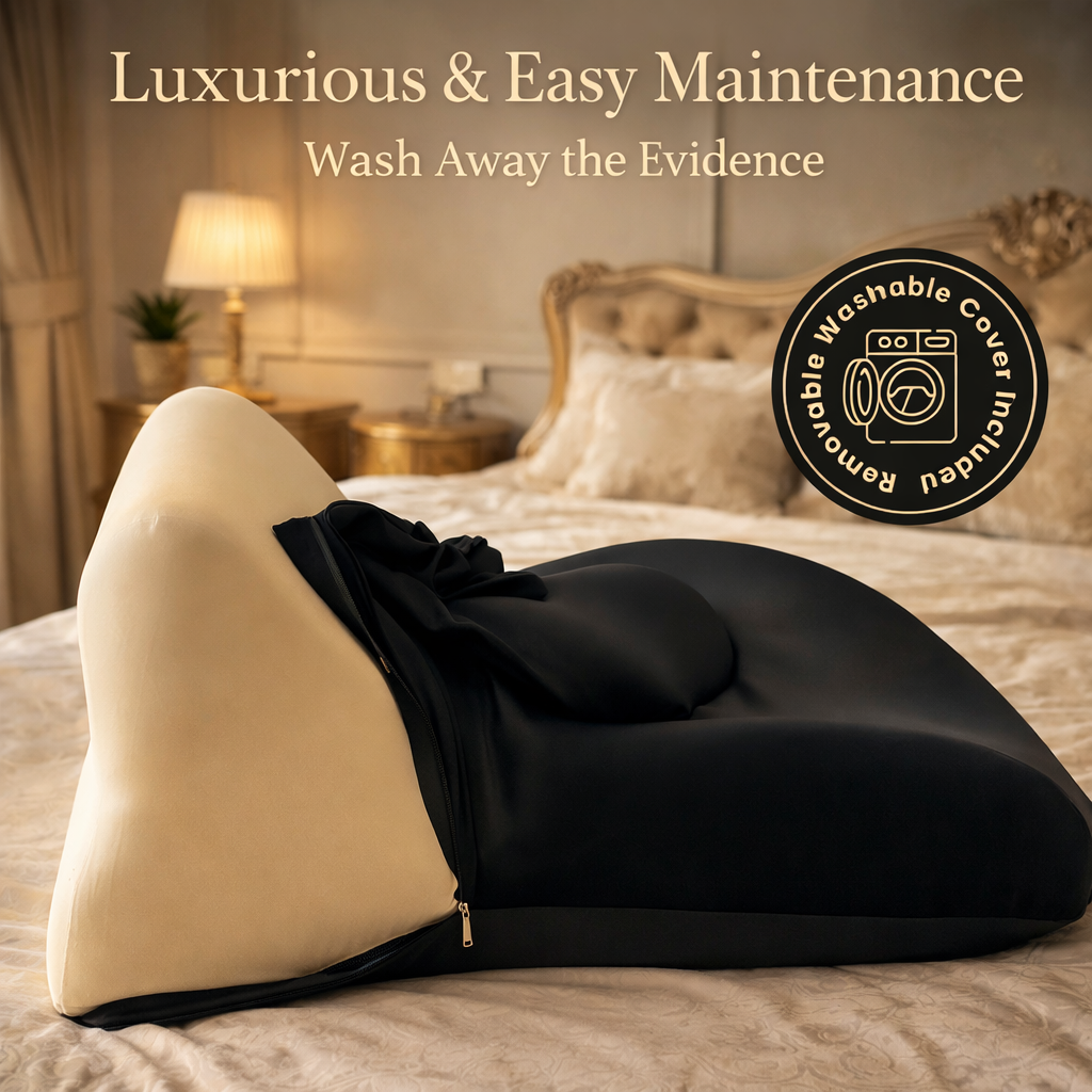 Beige wedge pillow with black cover on a bed in a bedroom setting, with text about washable cover.