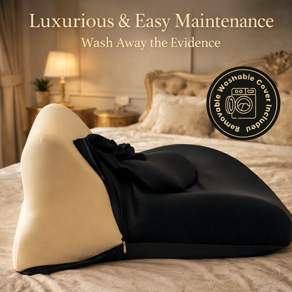 Beige wedge pillow with black cover on a bed in a bedroom setting, with text about washable cover.