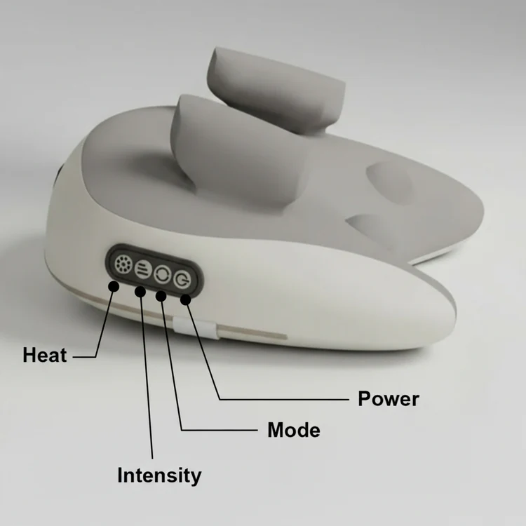Gray electronic device with control buttons labeled for heat, power, mode, and intensity on a white background.