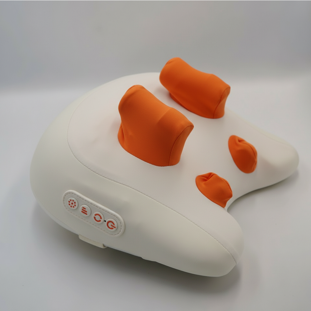 Orange neck and shoulder pillow massager with ergonomic design