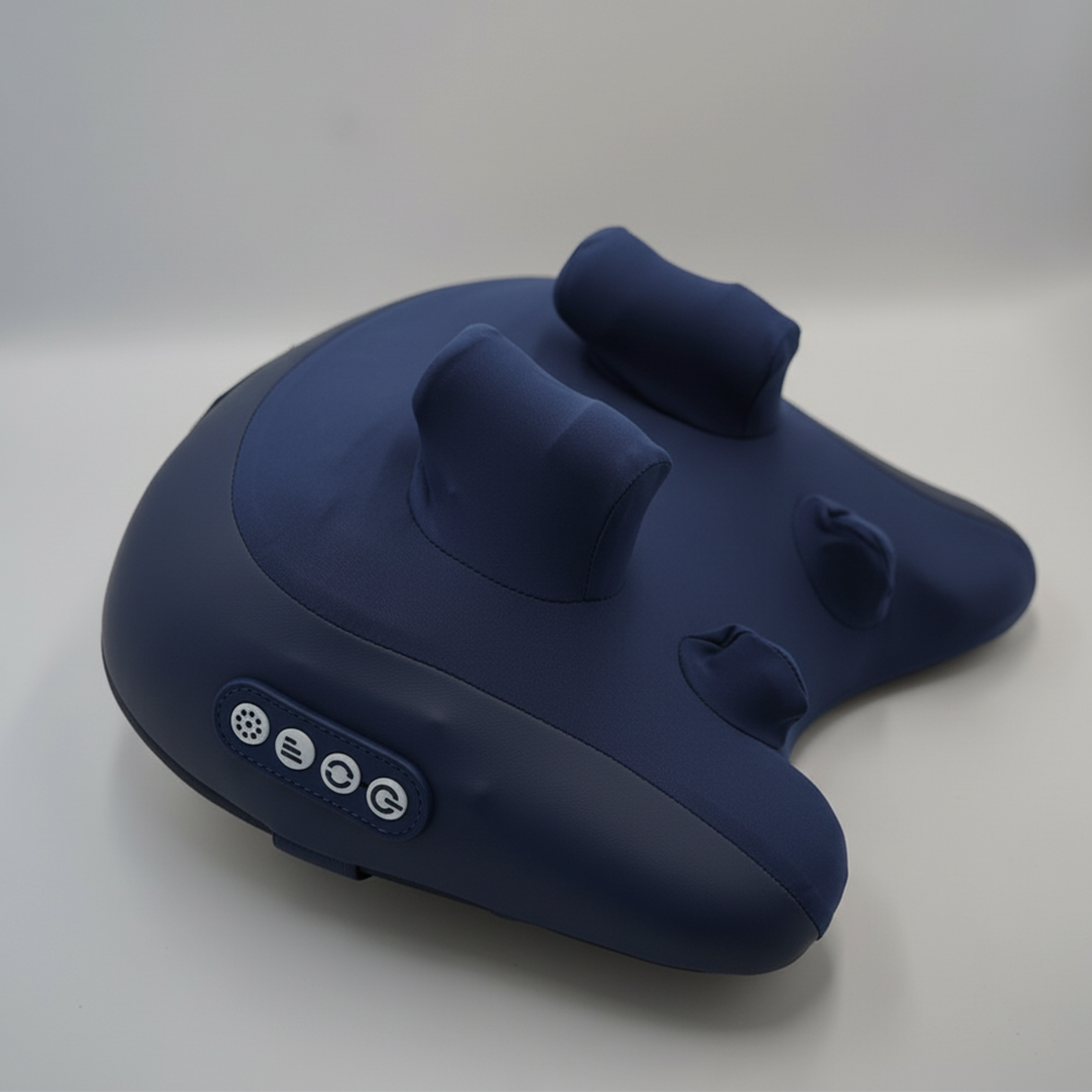 Blue wrist rest with control buttons on a white background