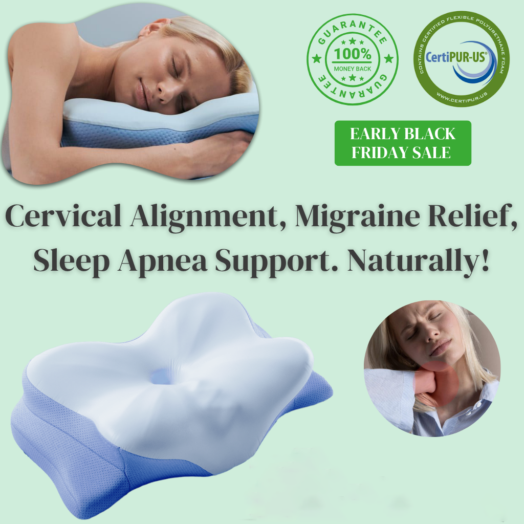 Cervical alignment pillow with a woman sleeping on it and another showing relief from neck pain, on a green background with CertiPUR-US logo.