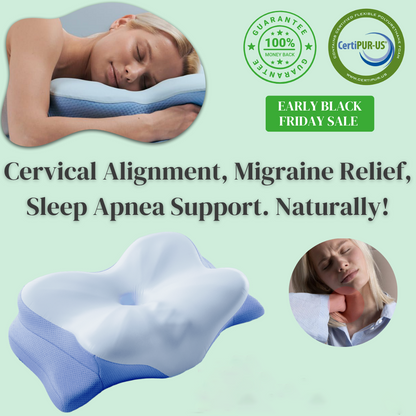 Cervical alignment pillow with a woman sleeping on it and another showing relief from neck pain, on a green background with CertiPUR-US logo.