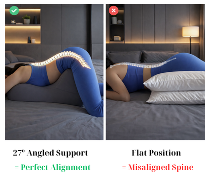 Comparison of a person lying on a bed with and without a support pillow, highlighting correct and incorrect spine alignment.