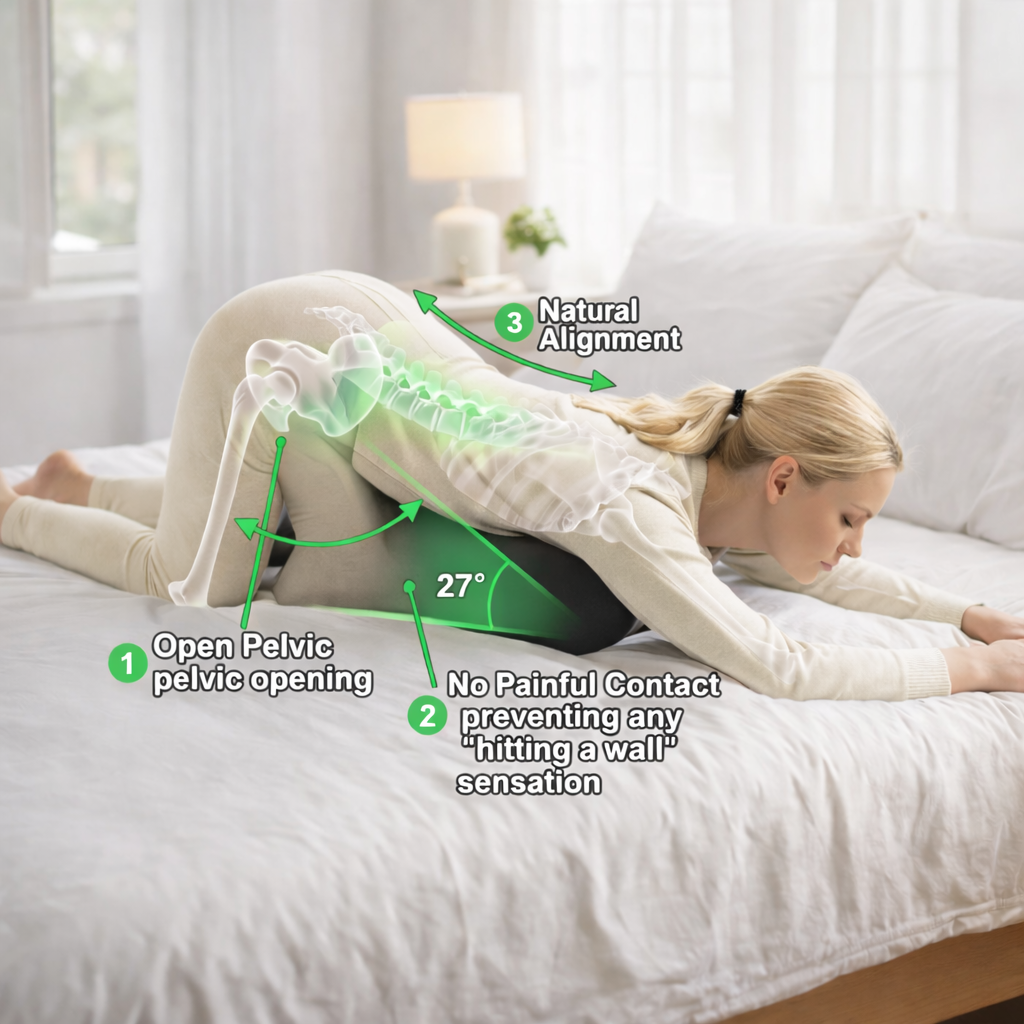 Woman using a green pelvic floor exercise device on a bed with anatomical labels.