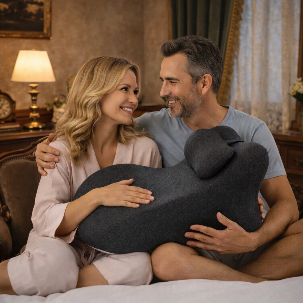 Couple in a bedroom holding a large gray pillow