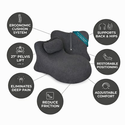 Ergonomic cushion with features highlighted on a white background